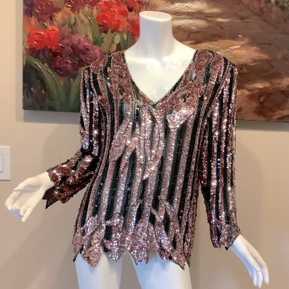 Vintage Sho Max Baby Pink Sequin Top with Rhinestones - Picture 12 of 12